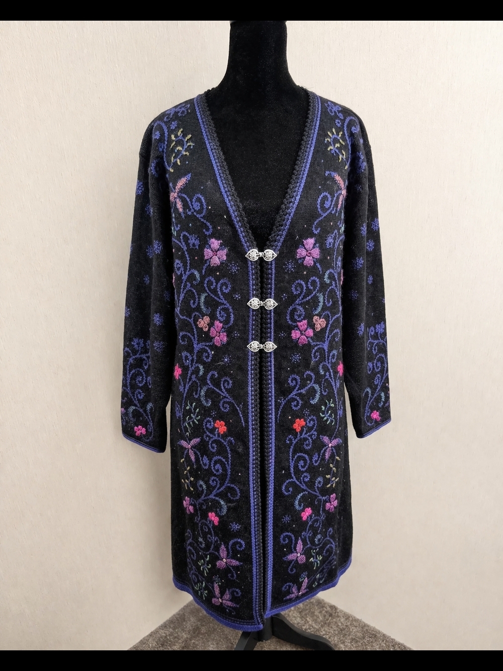 Peruvian Link Alpaca Vintage Embroidered Long Cardigan Sweater Floral Size L